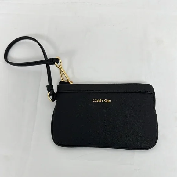 Calvin Klein Black Leather Wallet Bag Pouch Wristlet 7"x4" NWOT - Picture 1 of 3